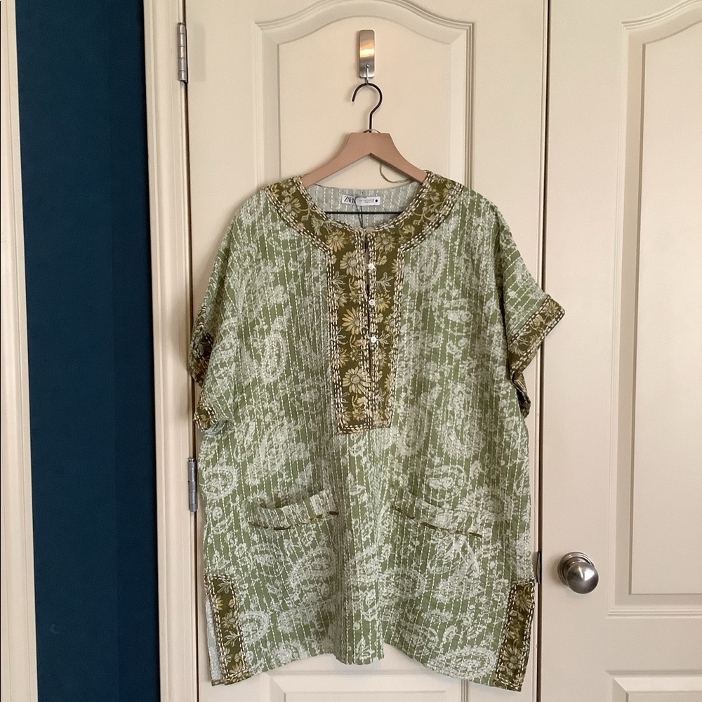 Zara Quilted Caftan Tunic Minidress Green Tribal XL